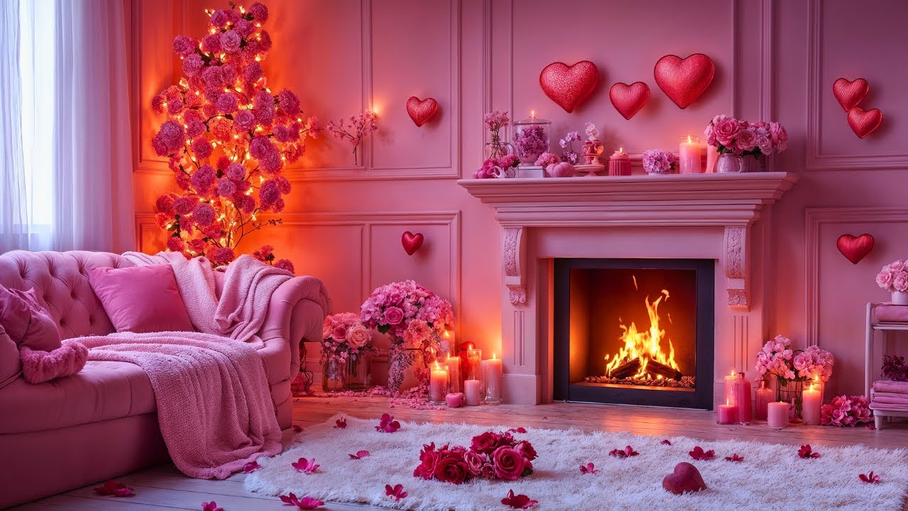 Happy Valentine’s Day💖Love & Jazz💖Romantic Jazz Night🌹 Cozy Pink Room, Fireplace Ambience, Soft Jazz